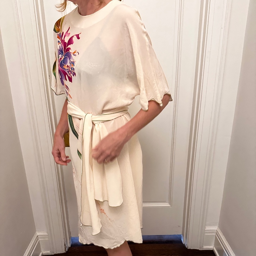 Vintage 80's Pue Silk, Yolanda Lorente floral hand painted dress - Picture 4 of 5